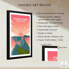 Framed Channel Islands National Park print with sunset, cliffs, and birds, gallery wall decor