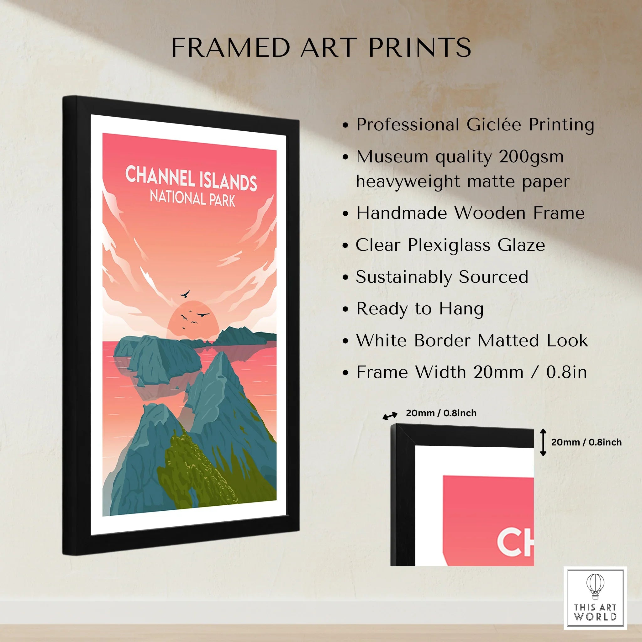 Framed Channel Islands National Park print with sunset, cliffs, and birds, gallery wall decor