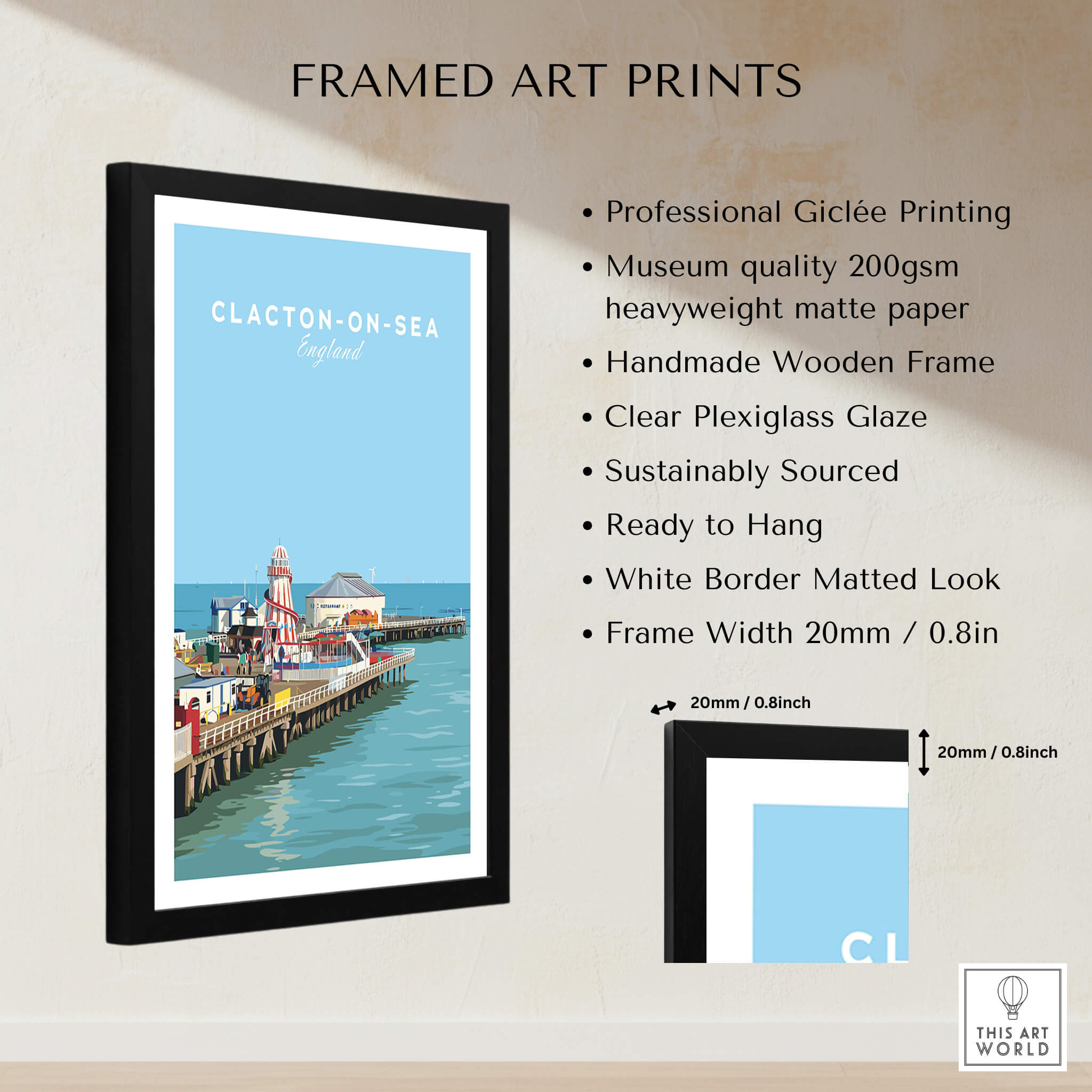 Clacton-on-Sea Travel Poster – Historic Pier Art Print framed with professional Giclée printing and wooden frame.