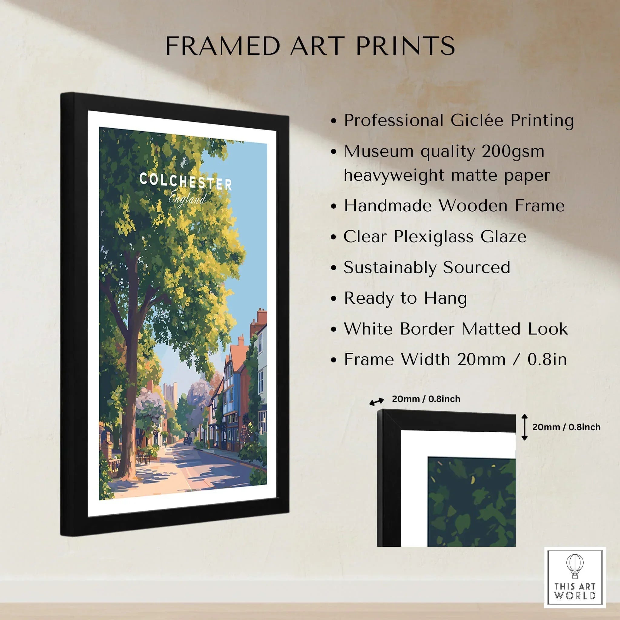 Framed Colchester England travel poster with tree-lined street, black wood frame, and art print features listed.