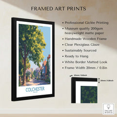Framed Colchester England art print with tree-lined street, wooden frame details, and print specs.