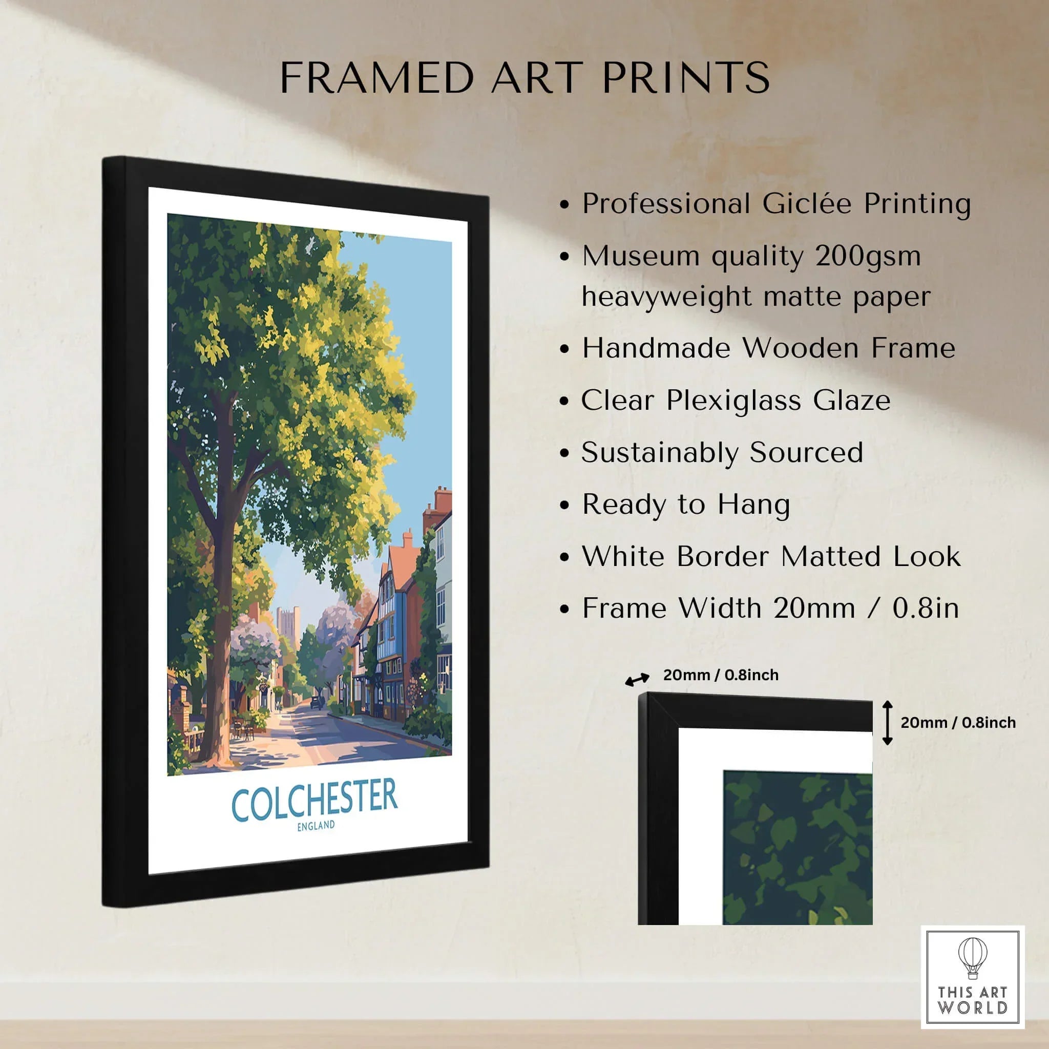 Framed Colchester England art print with tree-lined street, wooden frame details, and print specs.