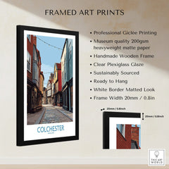 Framed Colchester England travel poster wall art with measurements and print quality details