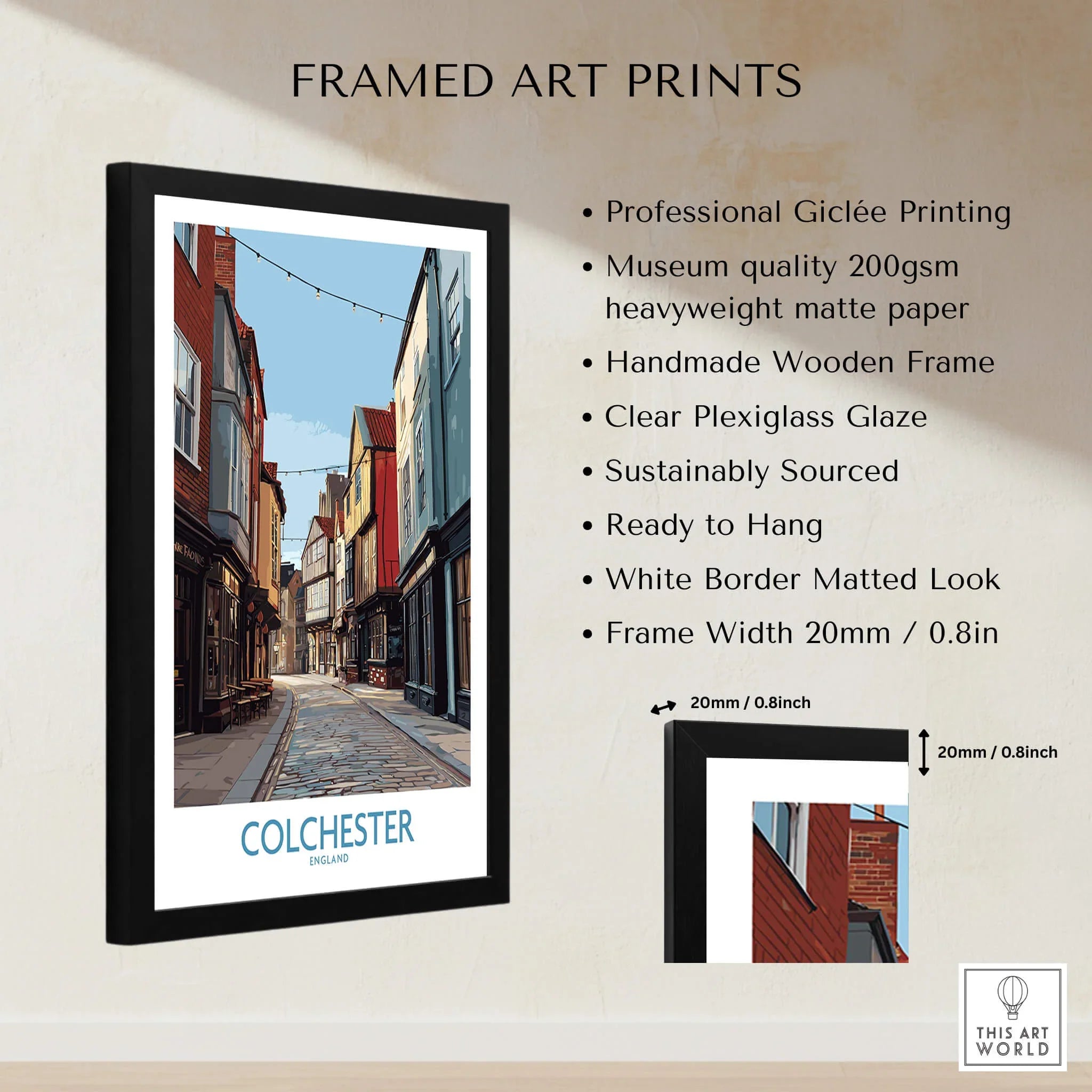 Framed Colchester England travel poster wall art with measurements and print quality details