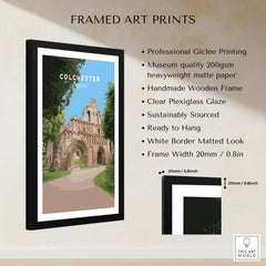 Framed Colchester England travel poster print with wooden frame and quality details listed.