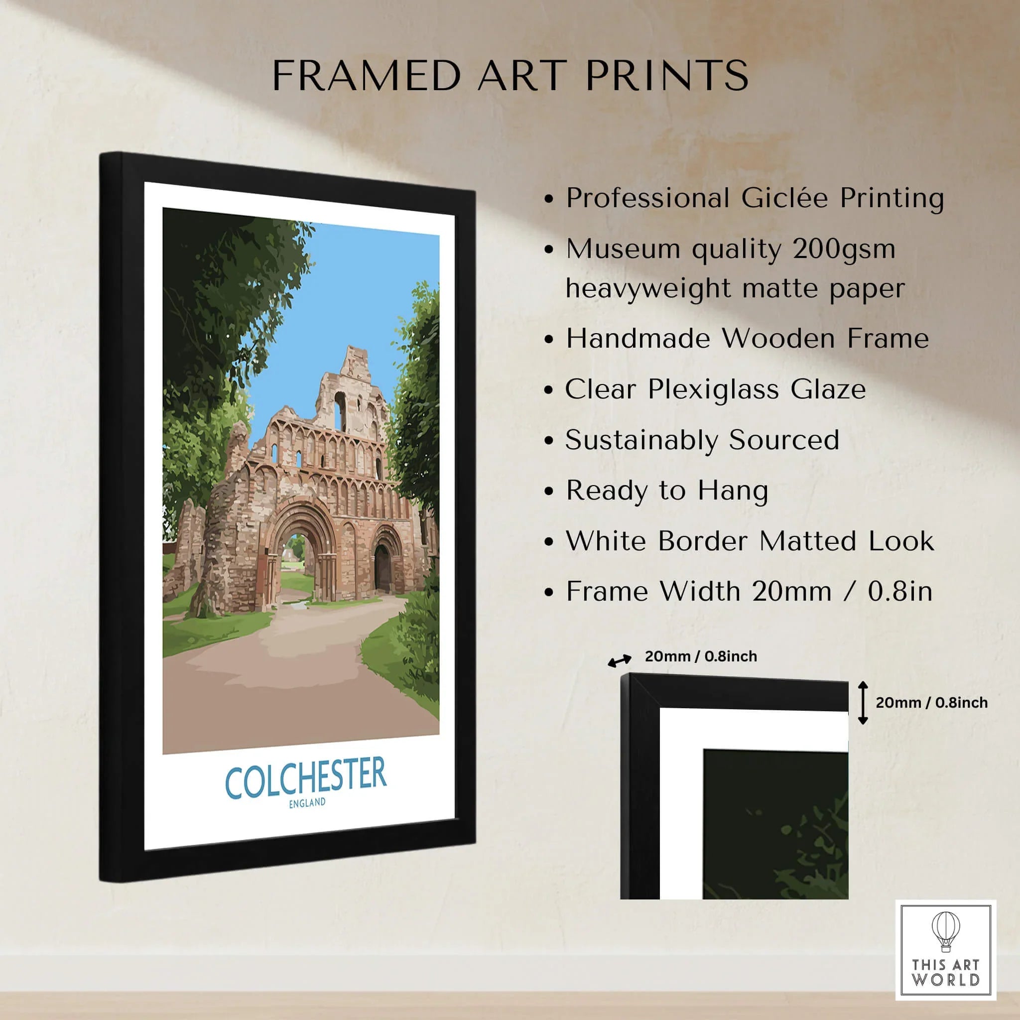 Colchester England travel poster in black handmade frame with art print features, wall art decor
