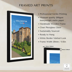 Framed Colchester England wall art print with wooden frame, gallery description, and size details.