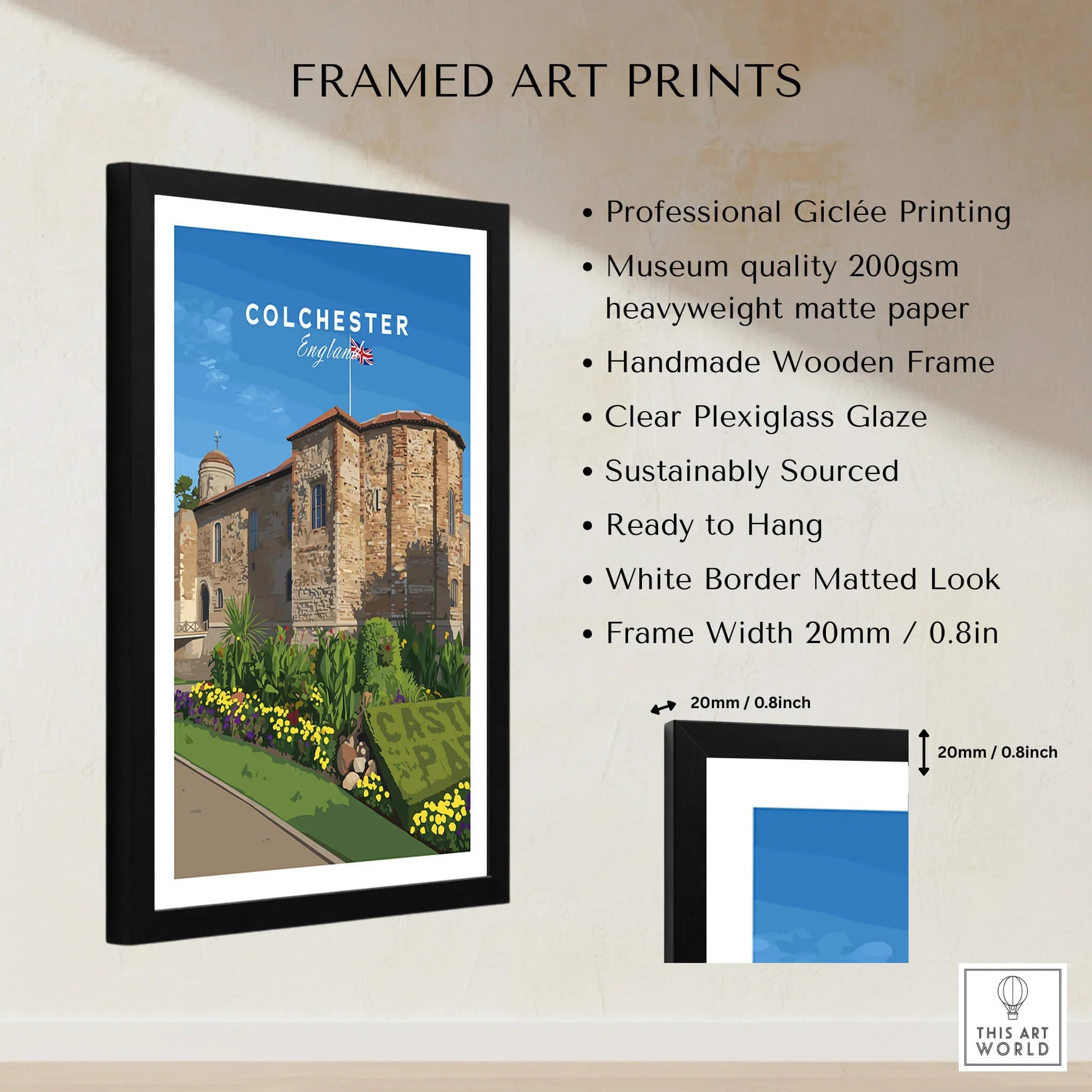 Framed Colchester England wall art print with wooden frame, gallery description, and size details.