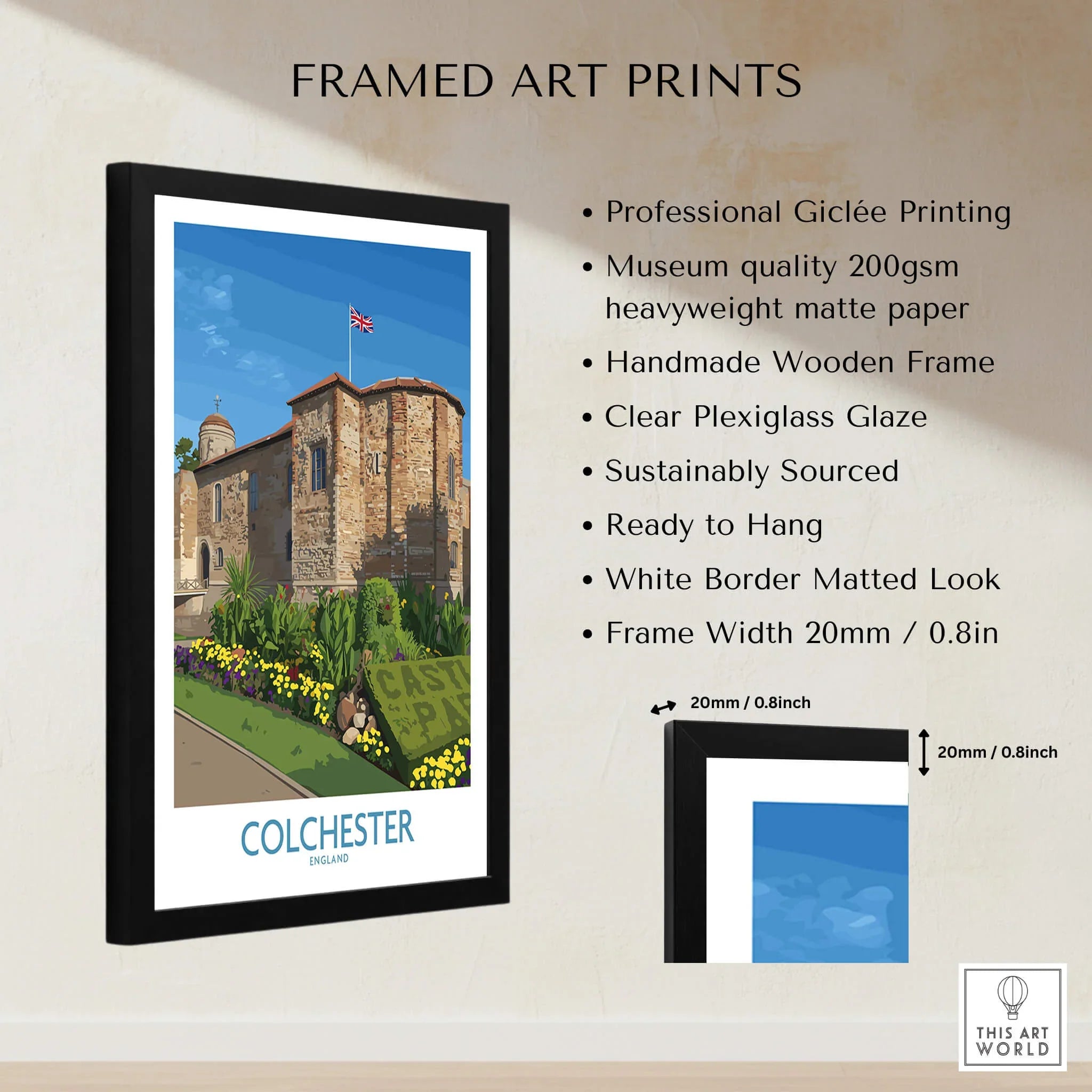 Framed Colchester England art print with black wooden frame, white mat, and product details.