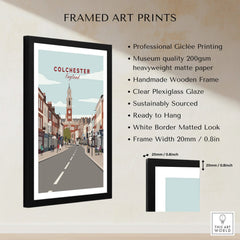 Framed Colchester cityscape art print with product features and matte black frame