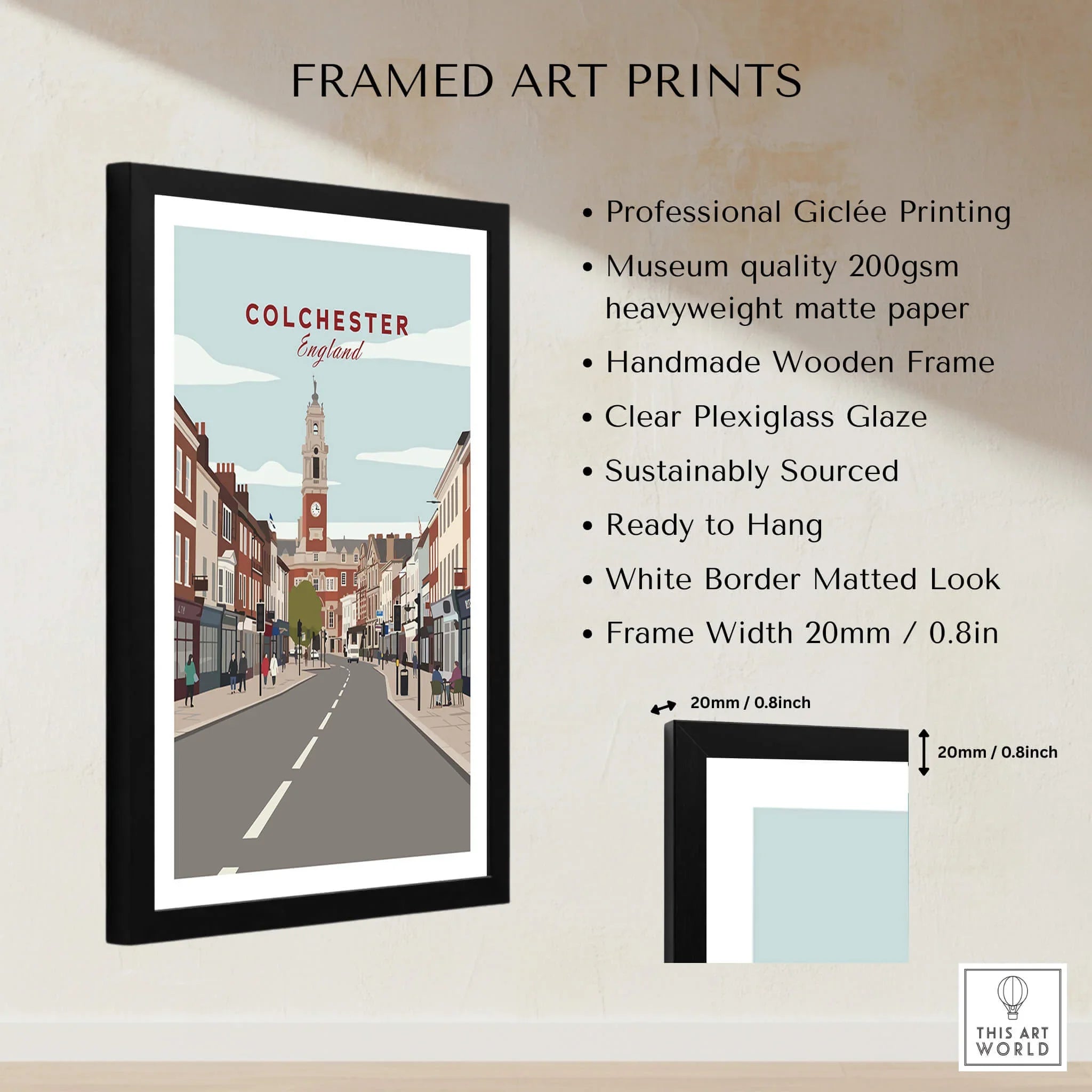 Framed Colchester cityscape art print with product features and matte black frame