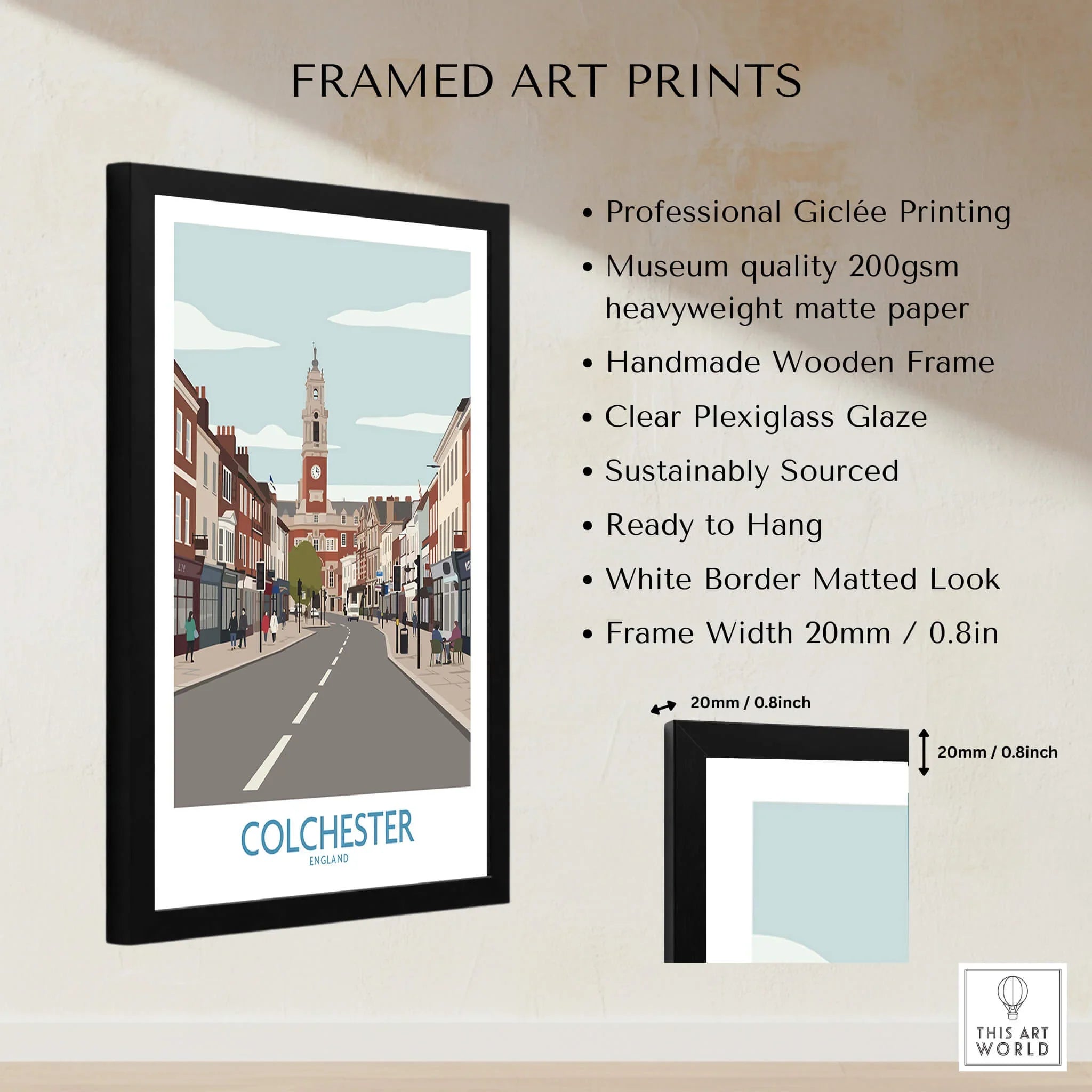 Framed Colchester England art print with cityscape, giclée printing, wooden frame details.
