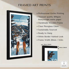 Framed Copper Mountain Ski Print showcasing dynamic ski slopes with wooden frame and plexiglass, perfect for mountain decor.