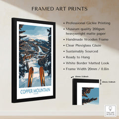 Copper Mountain Colorado Wall Art – Winter Ski Resort Print displayed in a black wooden frame with snowy mountain backdrop.