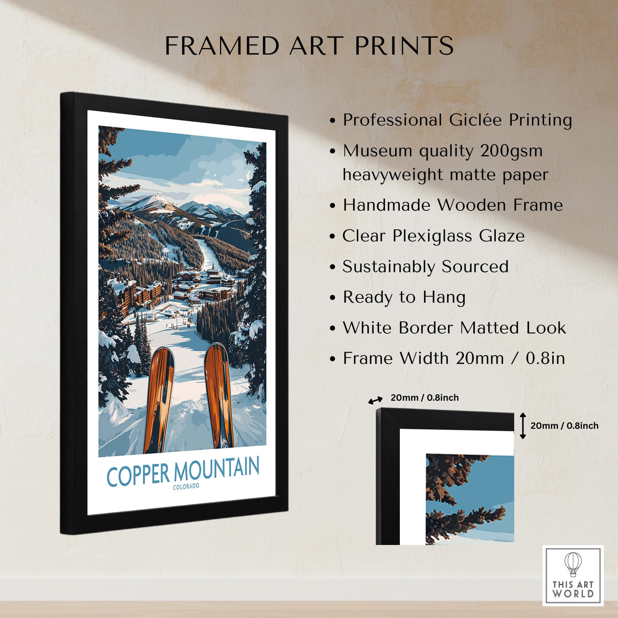 Copper Mountain Colorado Wall Art – Winter Ski Resort Print displayed in a black wooden frame with snowy mountain backdrop.