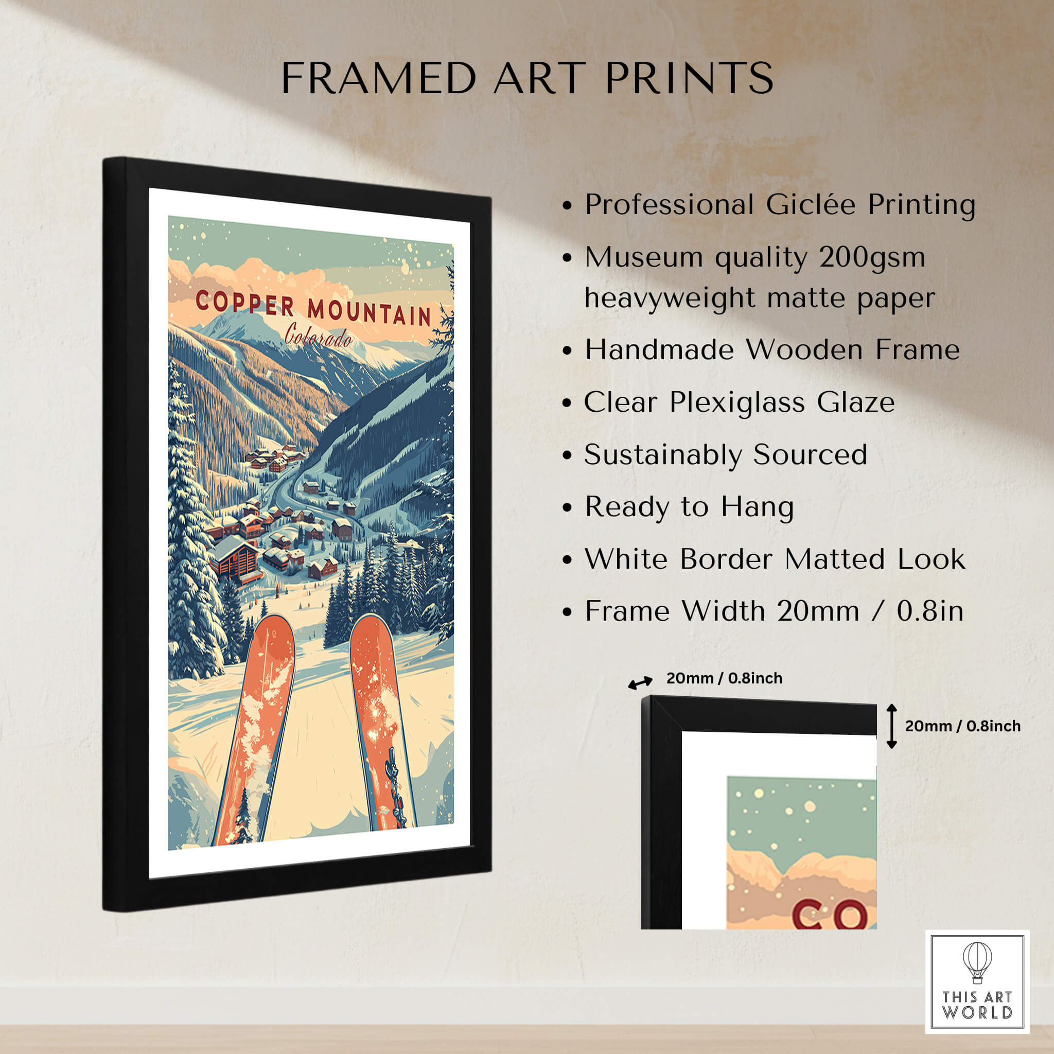 Copper Mountain Travel Poster – Sunset Ski Slopes framed art print with vibrant colors and details.