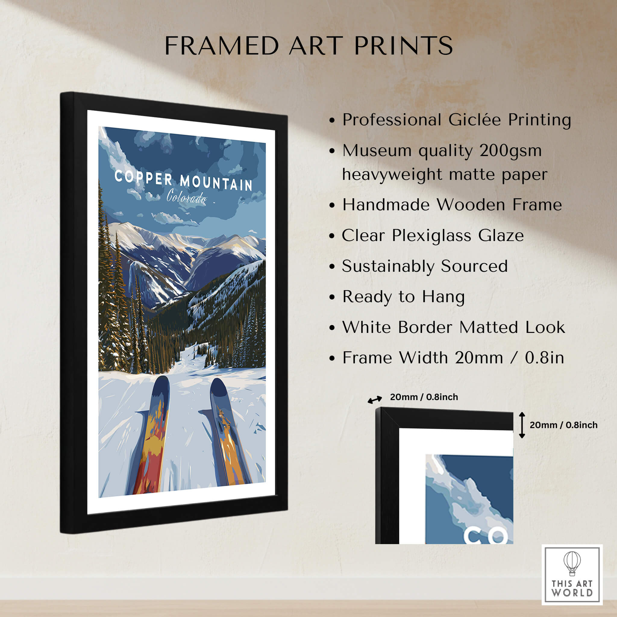 Ski Print Copper Mountain Colorado framed artwork showcasing ski slopes and mountains.