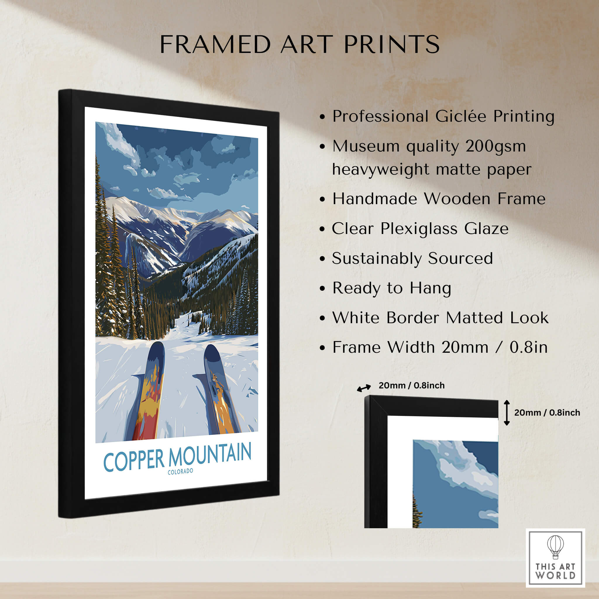 Copper Mountain Colorado Wall Art – Snowy Peak Winter Sports Print framed with professional giclée printing details.