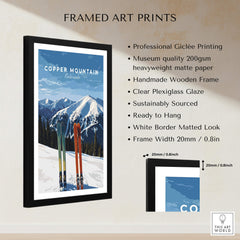 Copper Mountain Travel Poster – Colorado Mountain Summit & Ski Art Print framed with vibrant skis and snowy peaks.