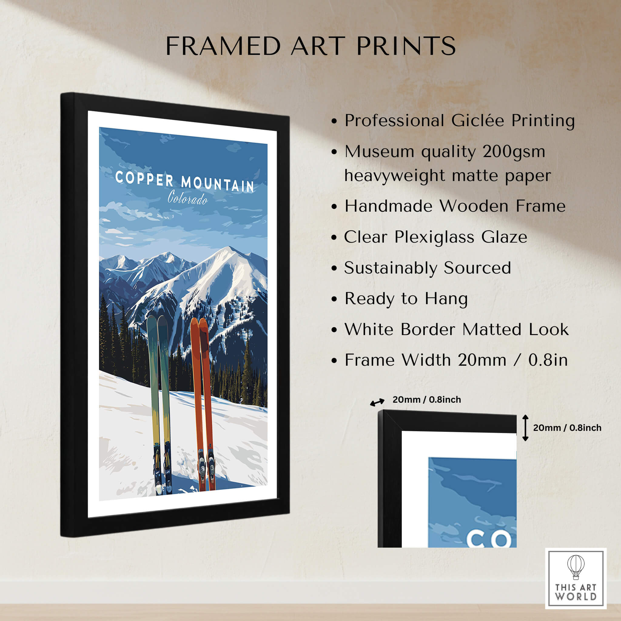 Copper Mountain Travel Poster – Colorado Mountain Summit & Ski Art Print framed with vibrant skis and snowy peaks.