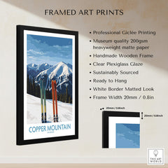 Framed Copper Mountain Ski Wall Art Ski Print featuring snowy peaks and colorful skis in a sleek frame.