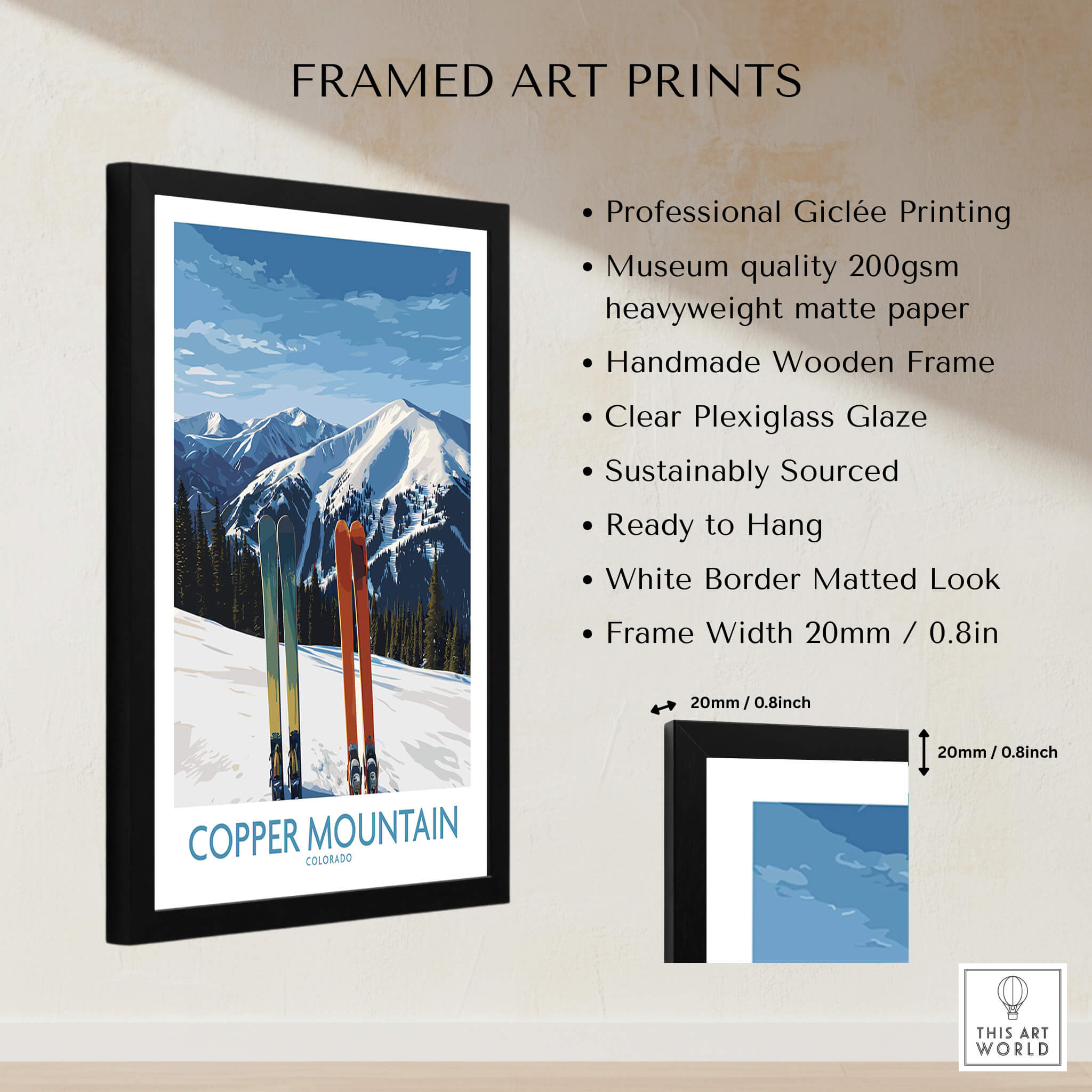 Framed Copper Mountain Ski Wall Art Ski Print featuring snowy peaks and colorful skis in a sleek frame.