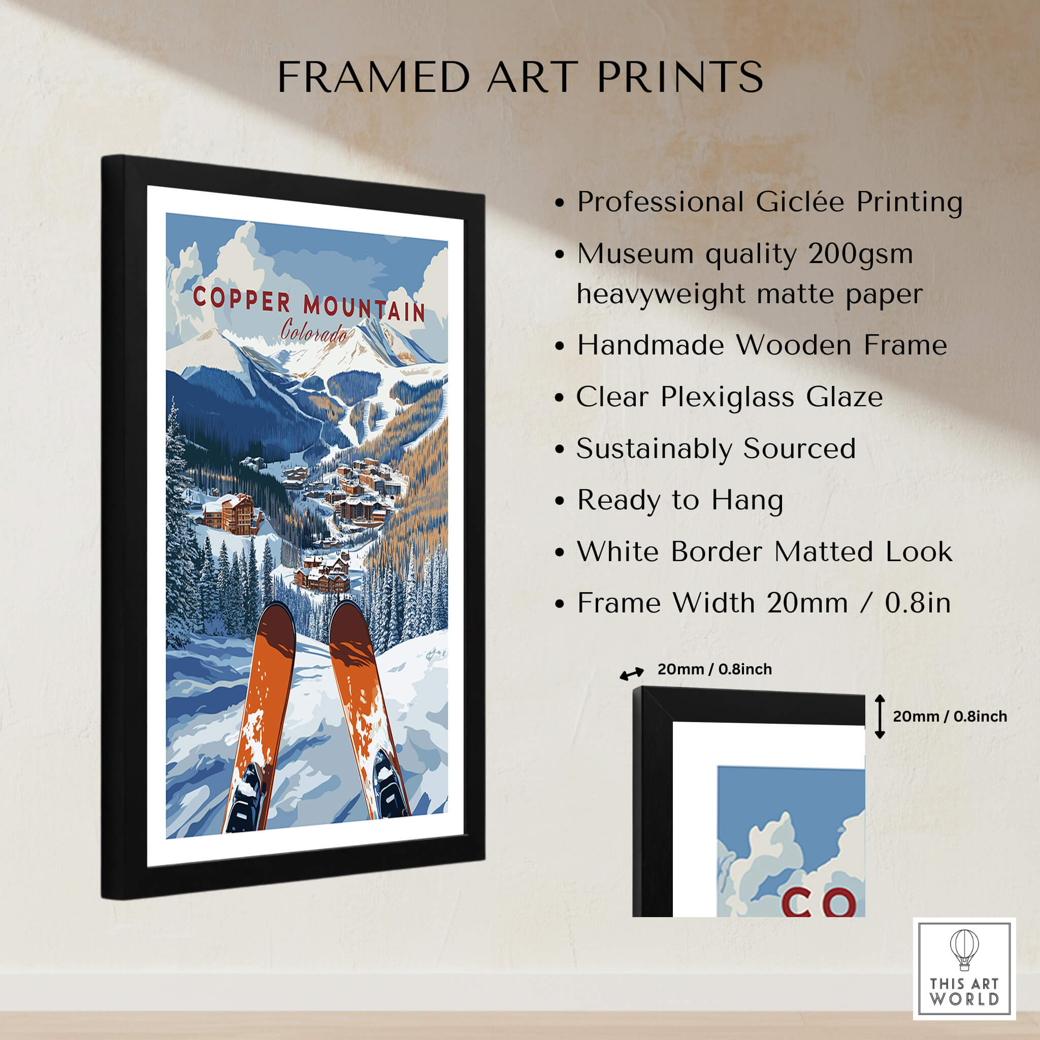Copper Mountain Ski Poster – Winter Ski Village & Snowy Mountain Art in a framed print with ski scene.
