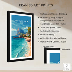 Costa Blanca Spain Travel Art – Mediterranean Village & Turquoise Sea Landscape Poster framed art print showcasing stunning coastline.