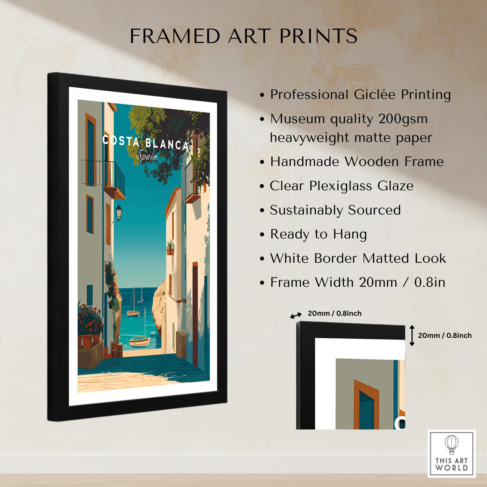 Costa Blanca Spain Print – Iconic White Village & Mediterranean Architecture Wall Decor with framed art details.