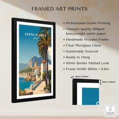 Costa Blanca Travel Poster - Spain Canvas Print displayed in a framed art print with a wooden frame and plexiglass.