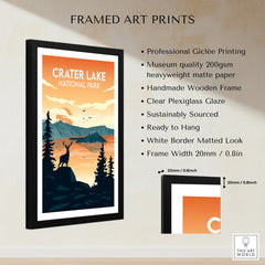 Framed Crater Lake National Park print with deer, forest, lake, and mountain landscape