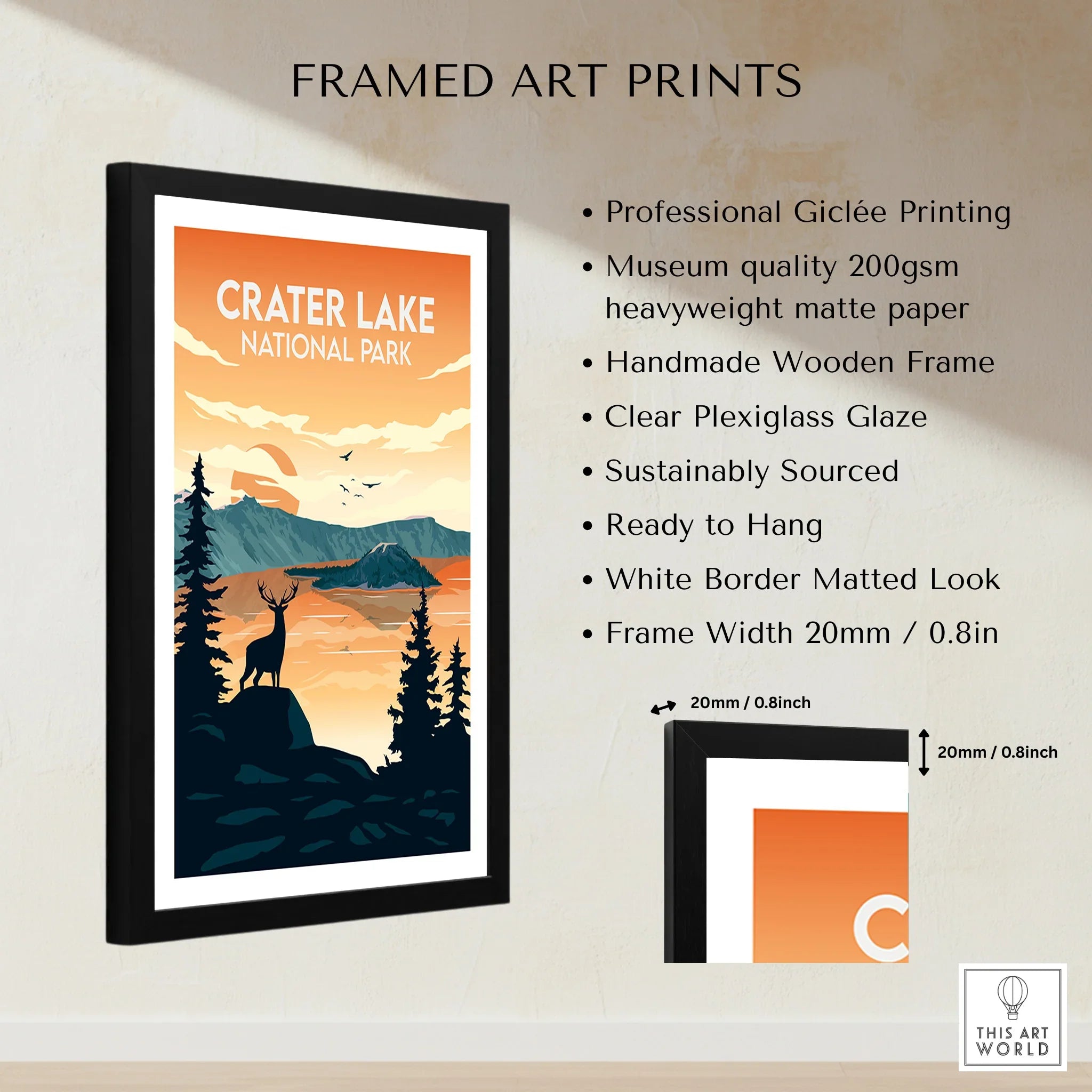 Framed Crater Lake National Park print with deer, forest, lake, and mountain landscape