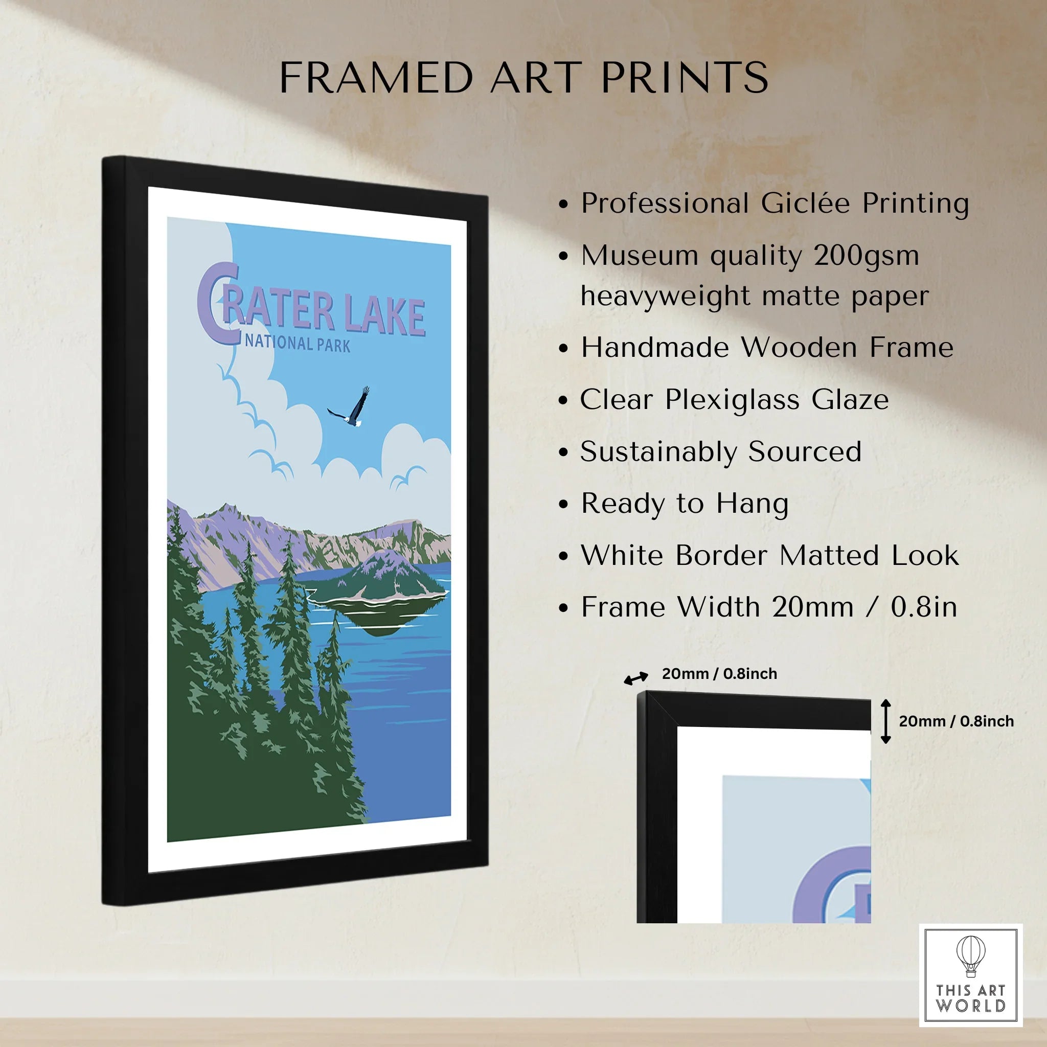 Framed Crater Lake National Park art print with pine trees, mountains, and lake illustration