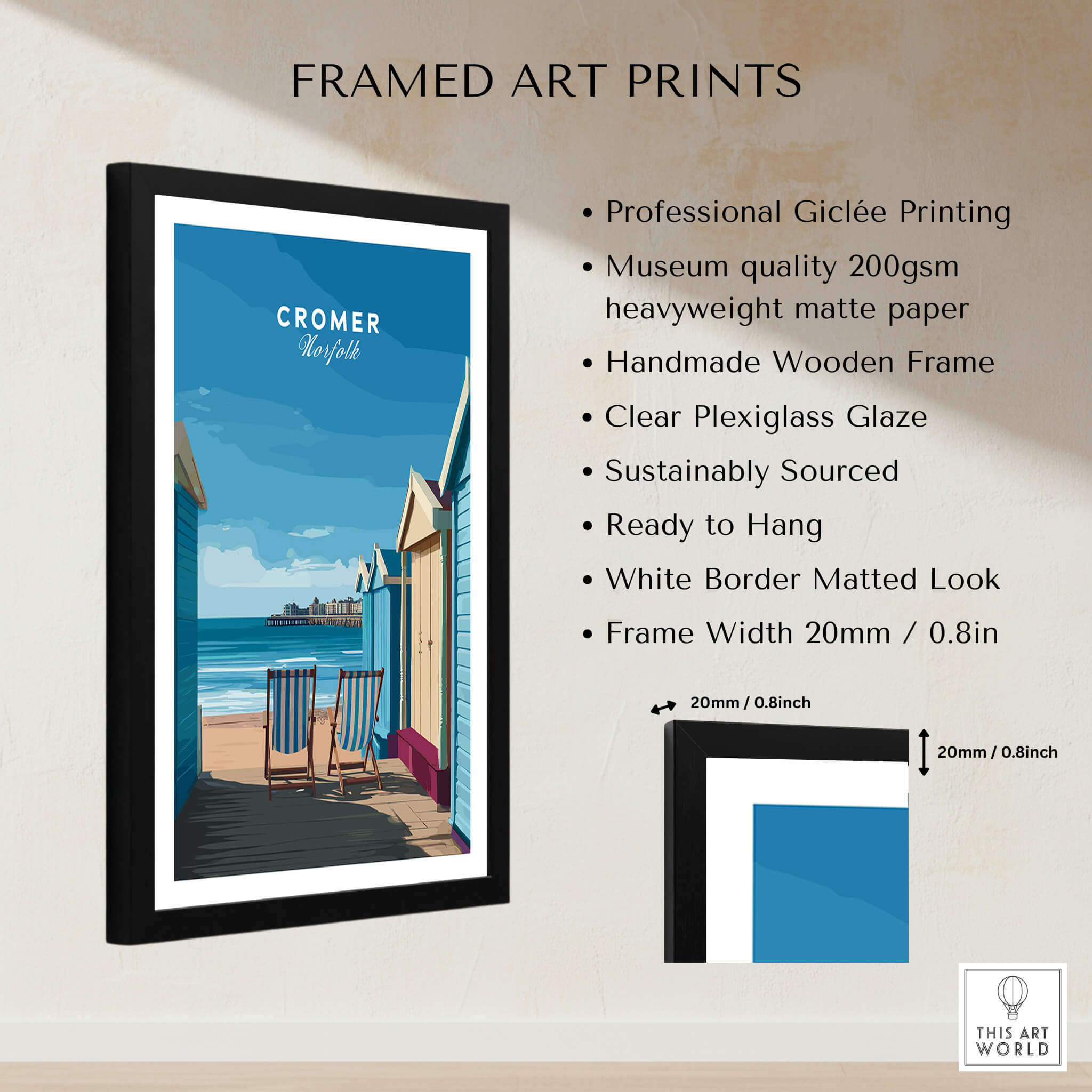 Cromer Travel Poster – Norfolk Beach Huts Art Print framed and ready to hang with professional Giclée printing.