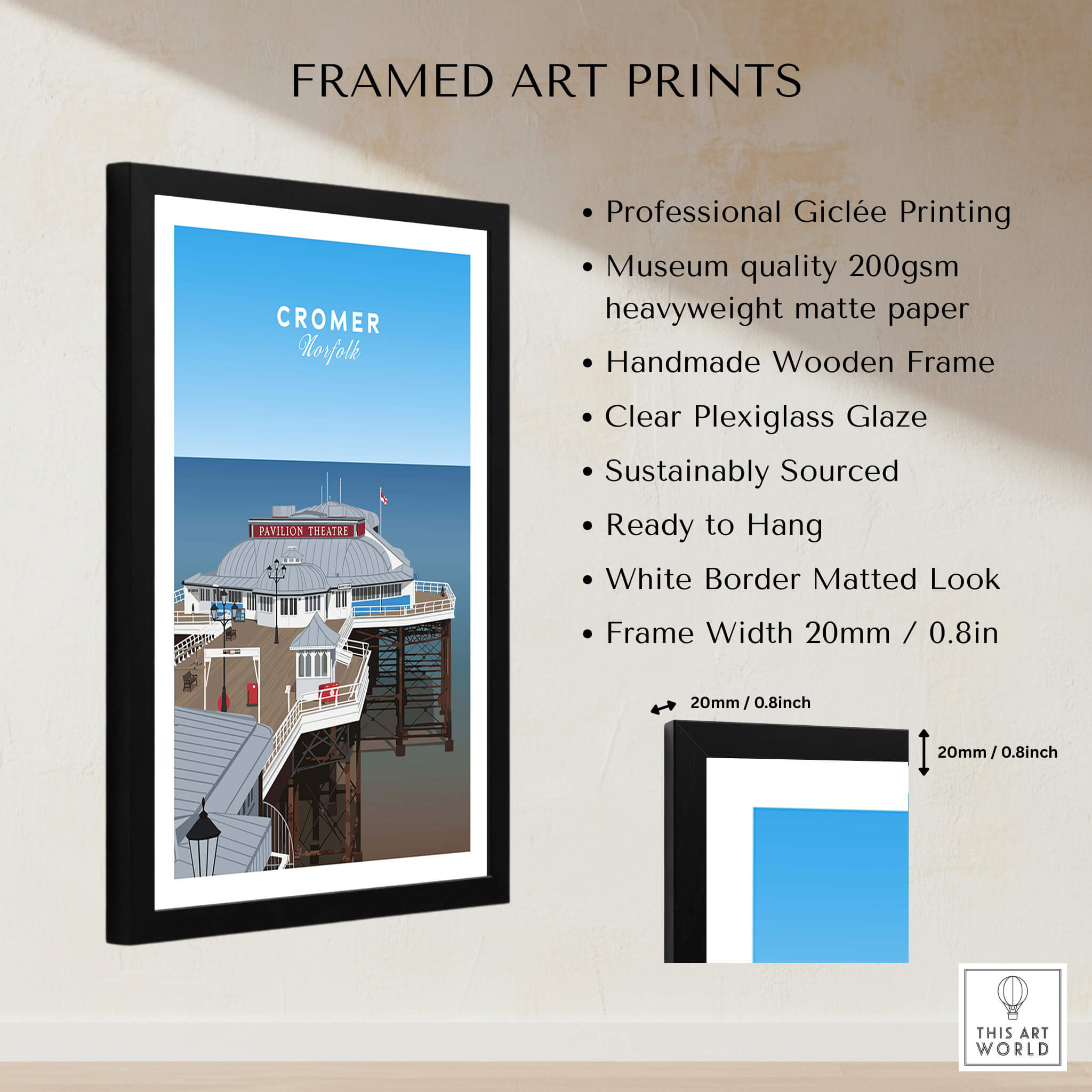 Cromer Travel Poster – Norfolk Pier & Pavilion Theatre Landmark Art framed print description with professional Giclée printing.