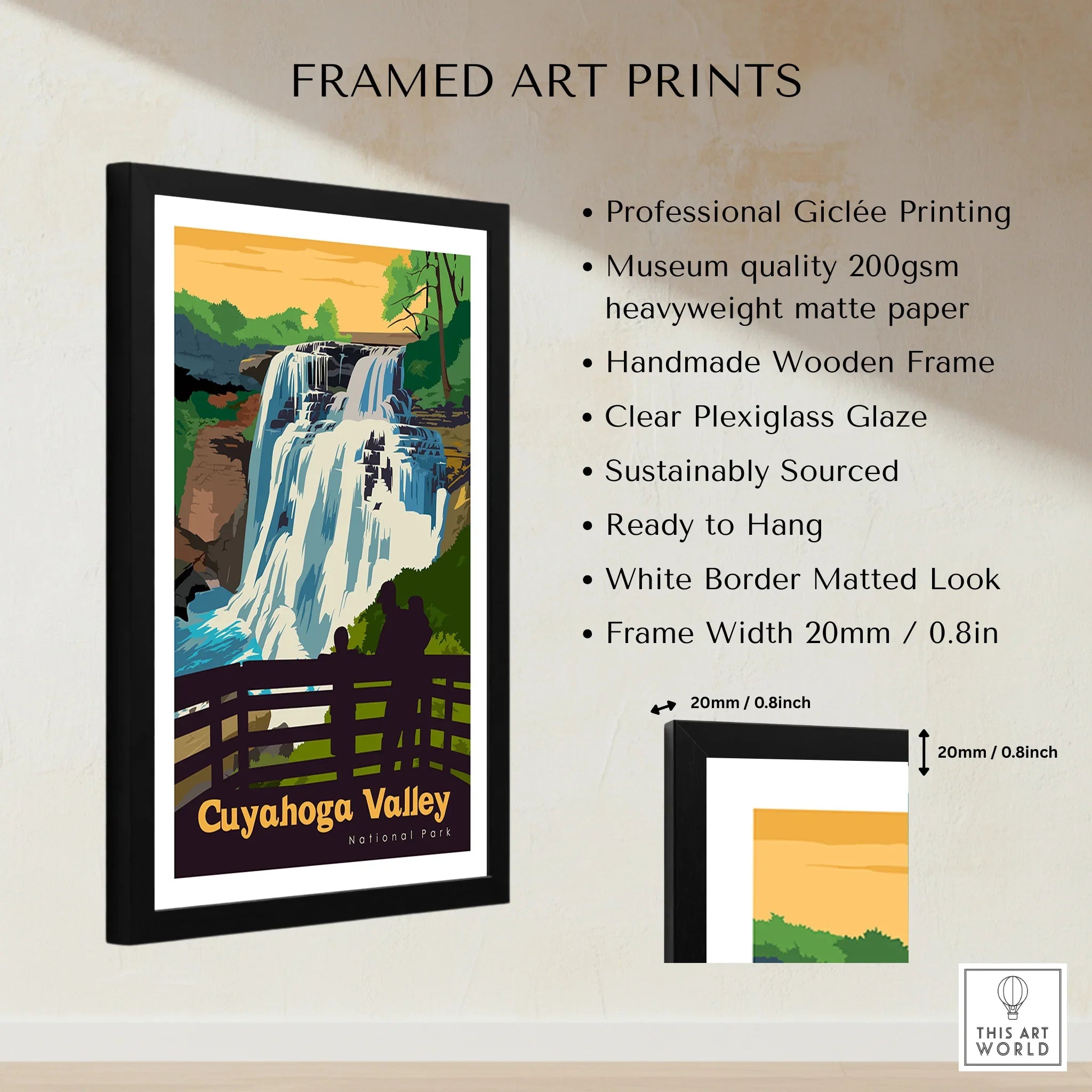 Framed Cuyahoga Valley National Park waterfall art print with quality and size details
