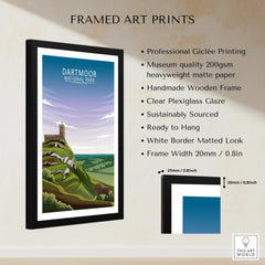 Framed Dartmoor National Park art print with mountain landscape and quality details list.