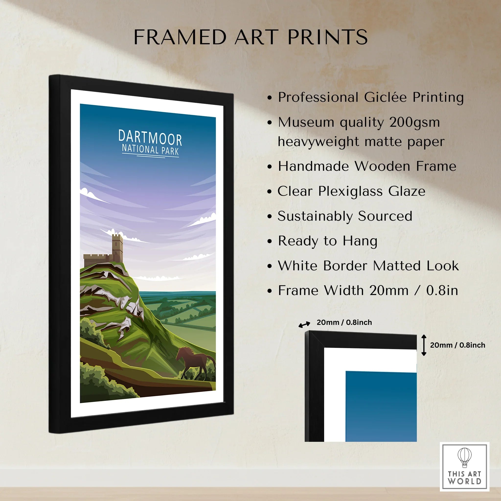 Framed Dartmoor National Park art print with mountain landscape and quality details list.