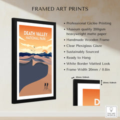 Framed Death Valley National Park art print with desert landscape, orange sunset, and hikers