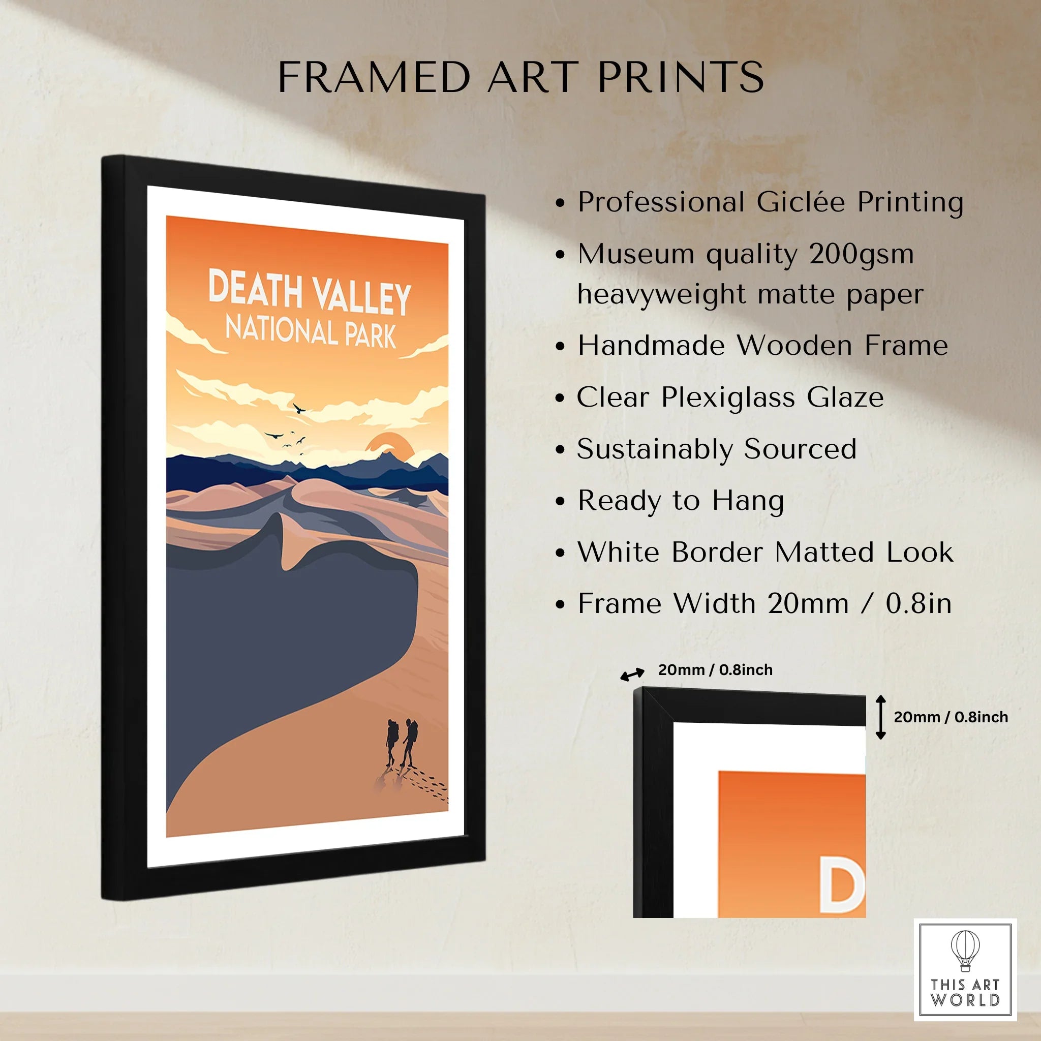 Framed Death Valley National Park art print with desert landscape, orange sunset, and hikers