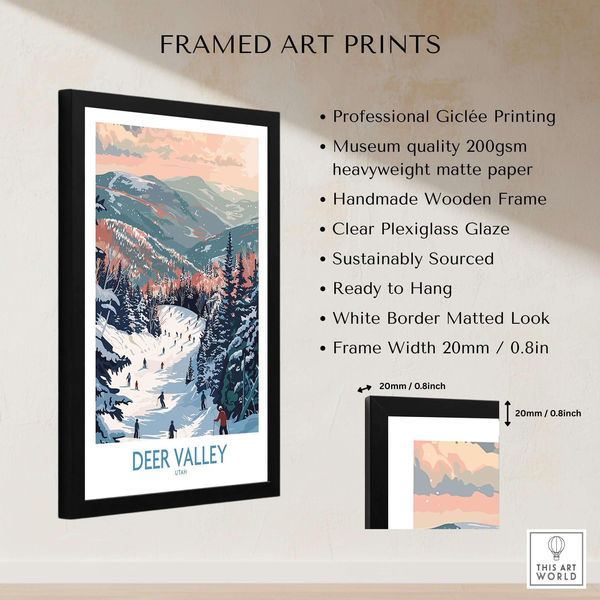 Deer Valley Travel Poster - Utah framed art print featuring a ski scene with mountains and trees.
