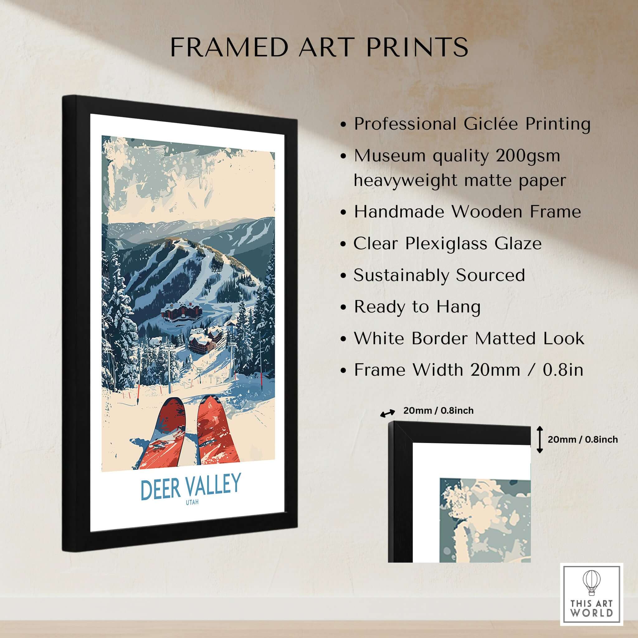 Framed Deer Valley Wall Art print showcasing winter mountains, perfect for inspiring an adventurous decor.