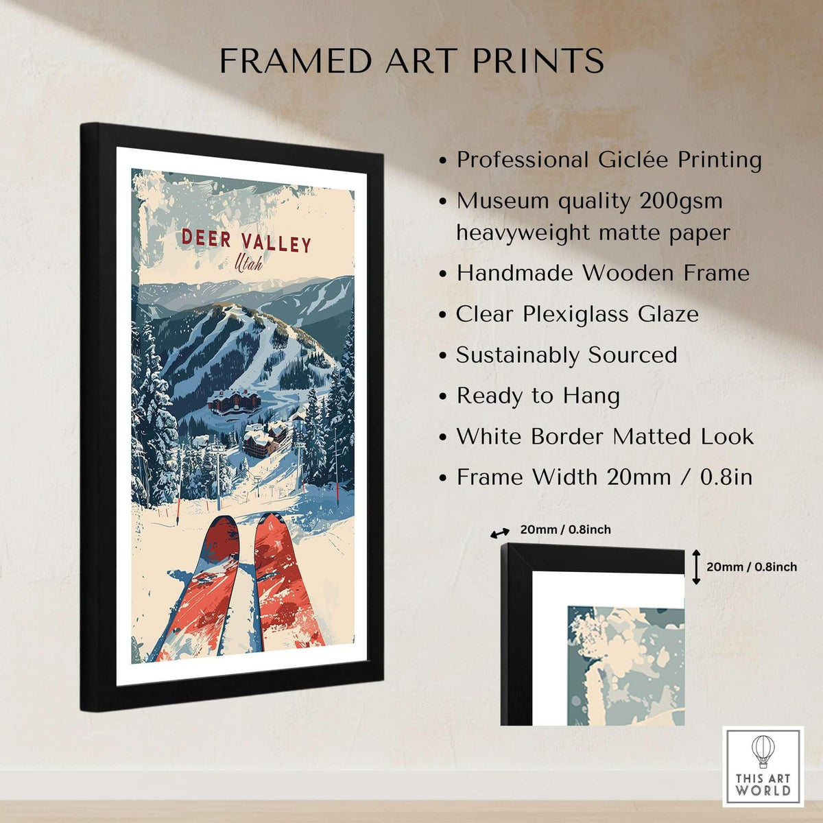 Deer Valley Ski Poster framed art print featuring stunning ski slopes and a handmade wooden frame.