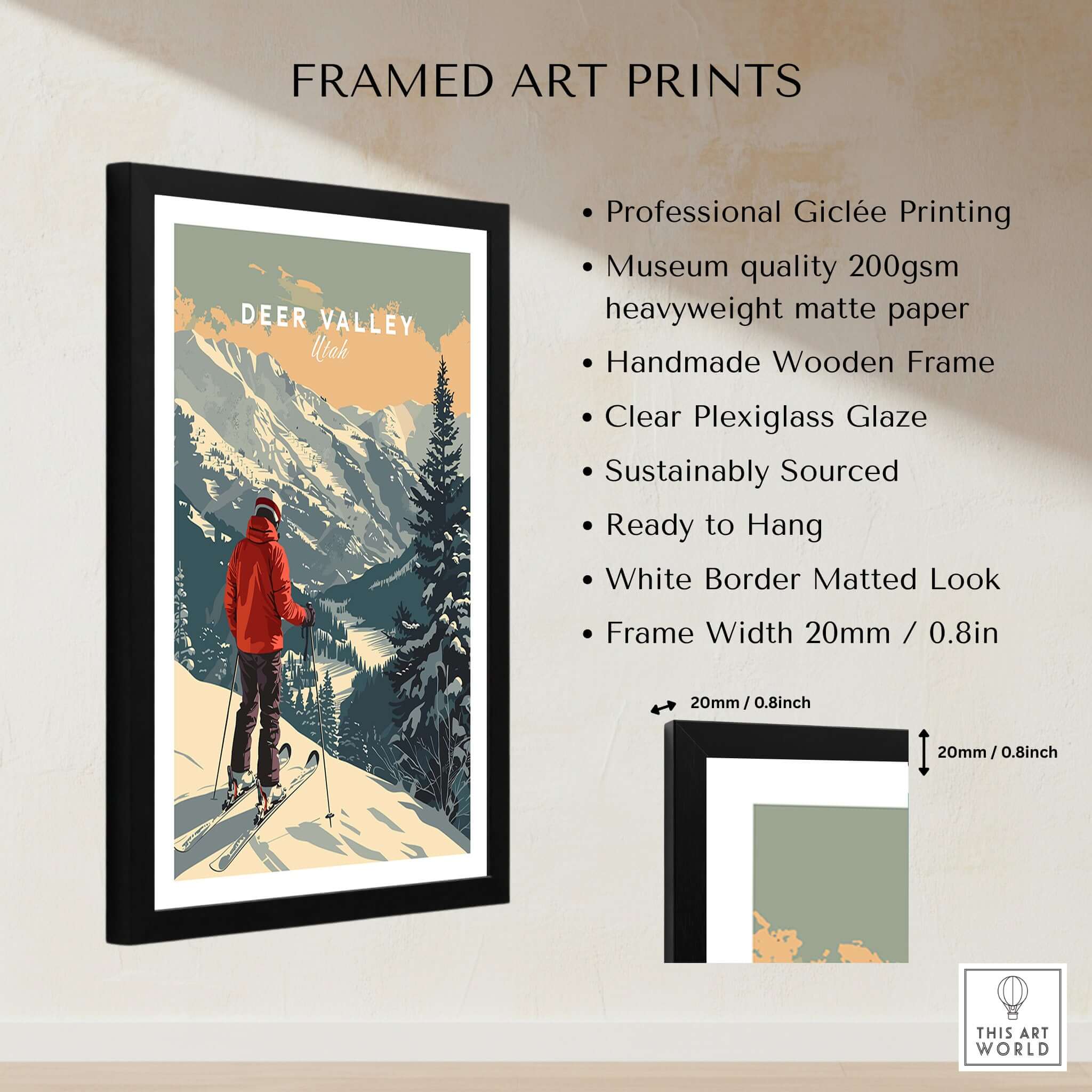Framed Deer Valley Print Utah featuring breathtaking mountain scenery and ski enthusiast, perfect for home or office decor.