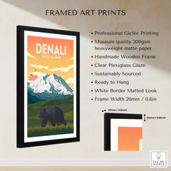 Framed Denali National Park art print with mountain, bear, and print quality details