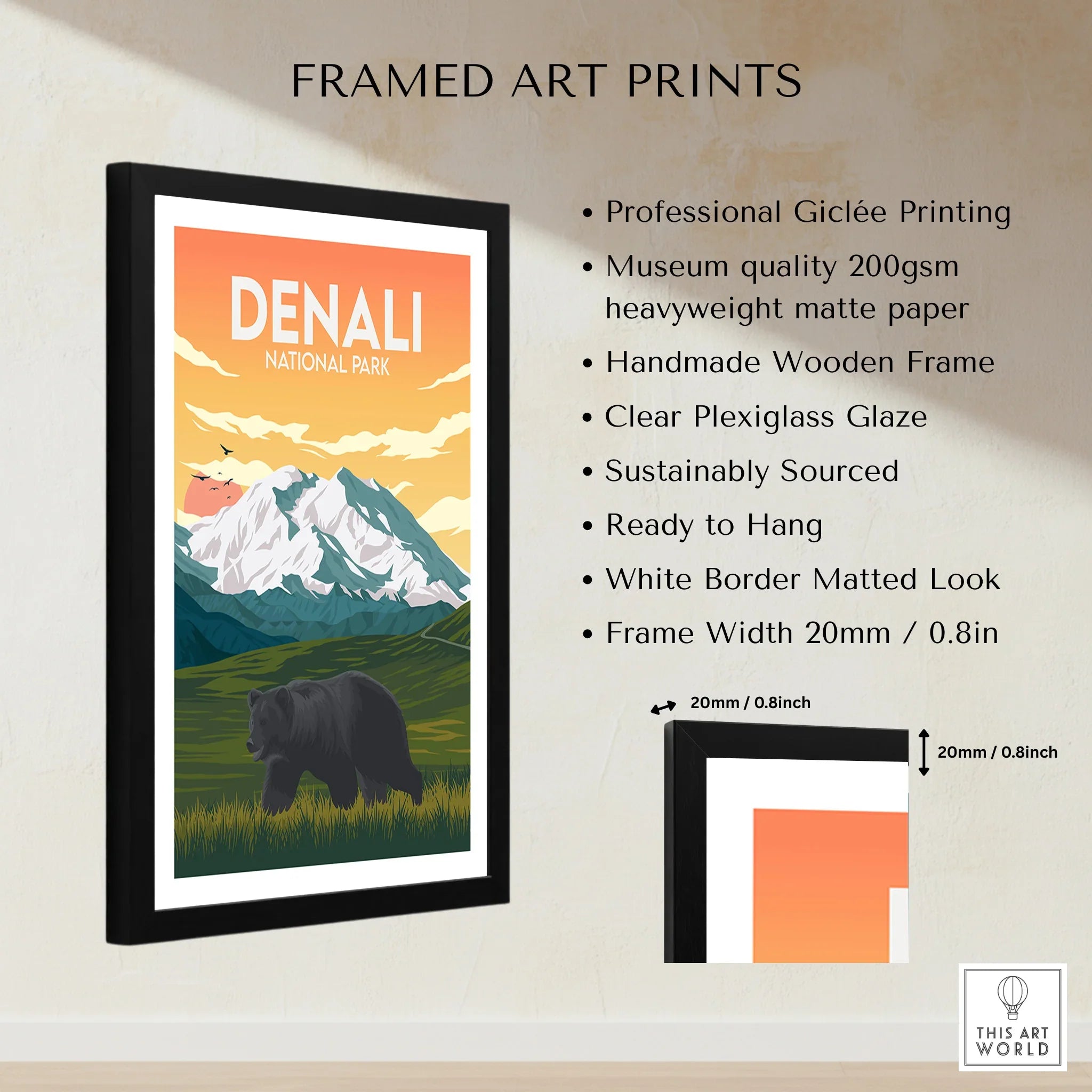 Framed Denali National Park art print with mountain, bear, and print quality details