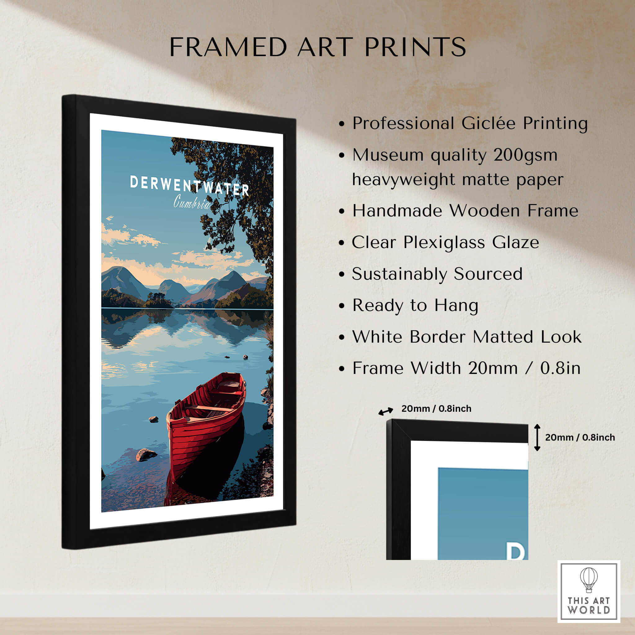 Derwentwater Travel Poster – Lake District Art Print framed with detailed features and serene landscape.
