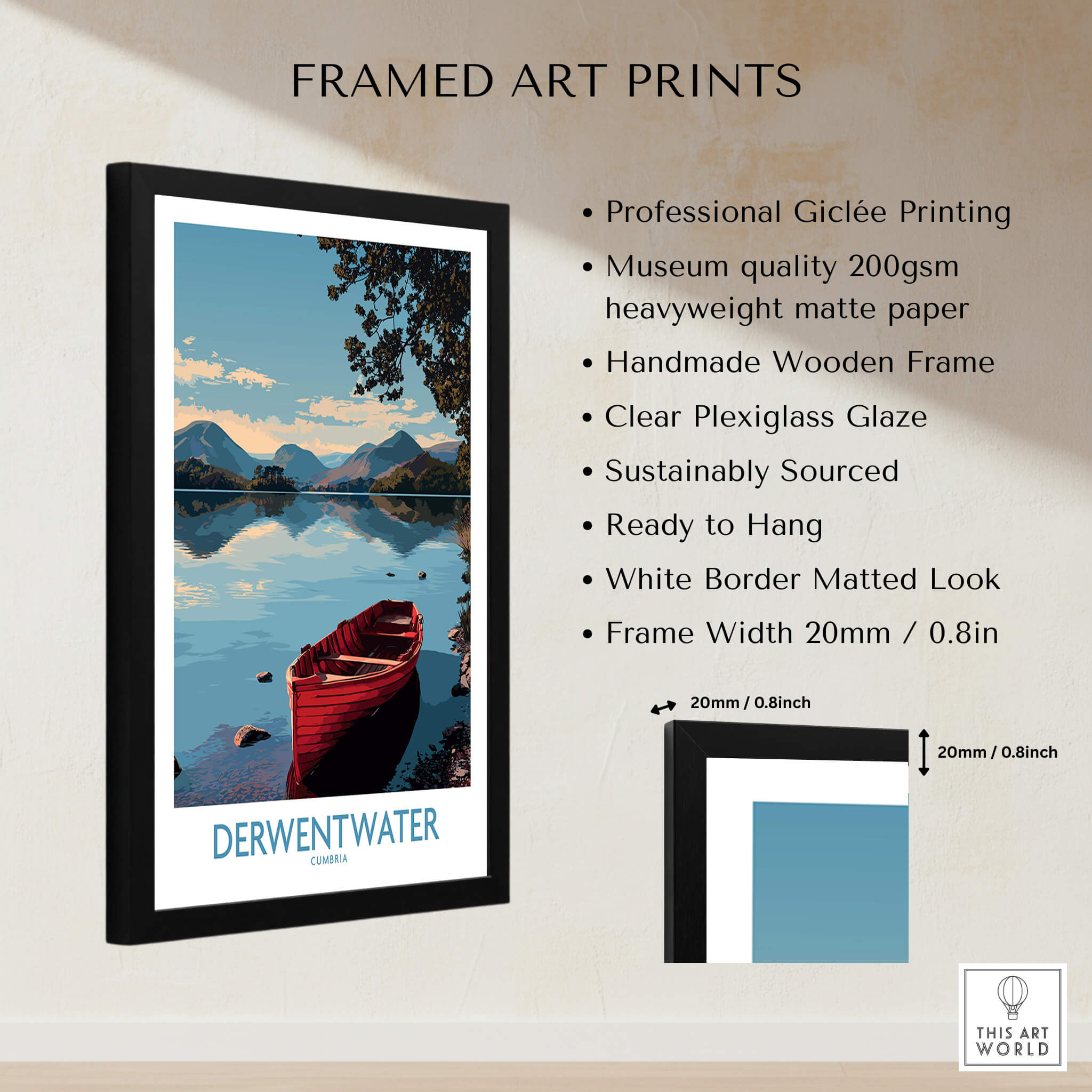 Derwentwater Cumbria Wall Art – Mountain Lake Landscape Print in a framed presentation with professional Giclée printing.