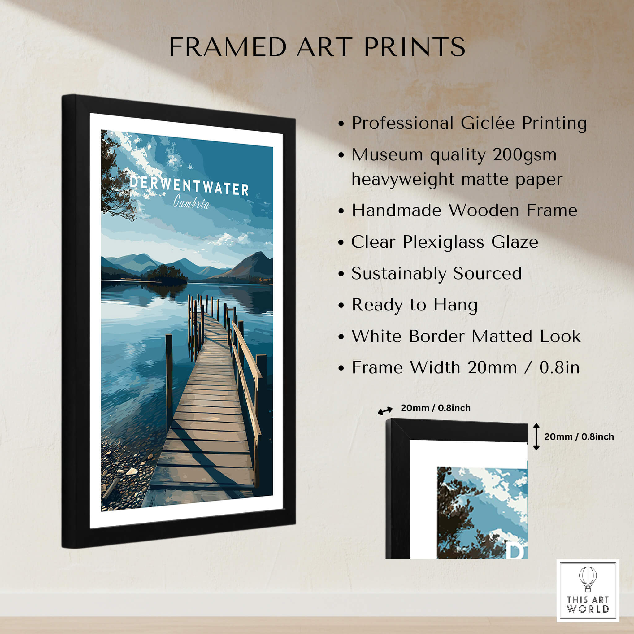 Derwentwater Travel Poster – Lake District Canvas Print framed with a wooden frame and clear plexiglass, ready to hang.