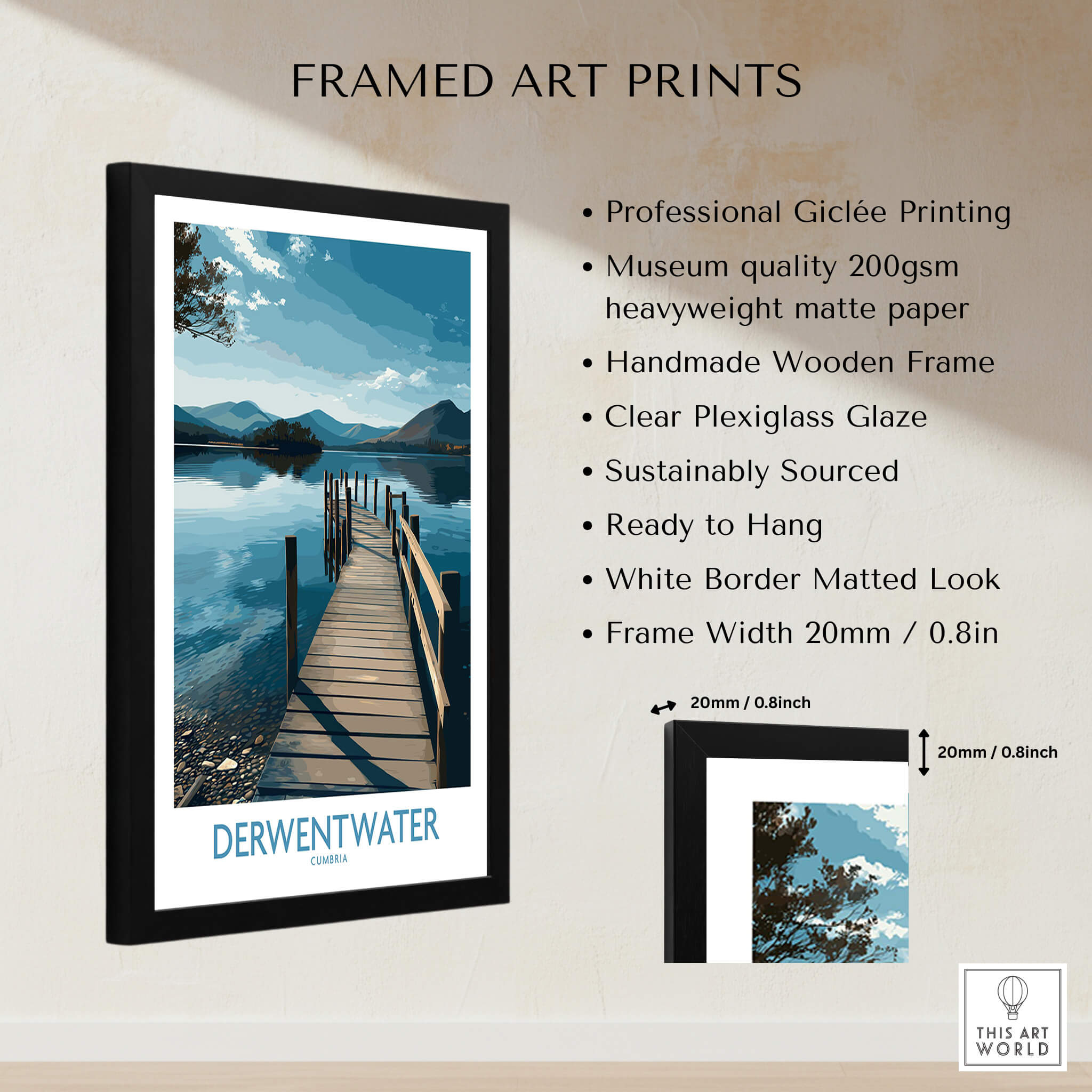 Derwentwater Cumbria Wall Art – Scenic Lake Pier Art Print - Framed Giclée print with wooden frame and plexiglass.